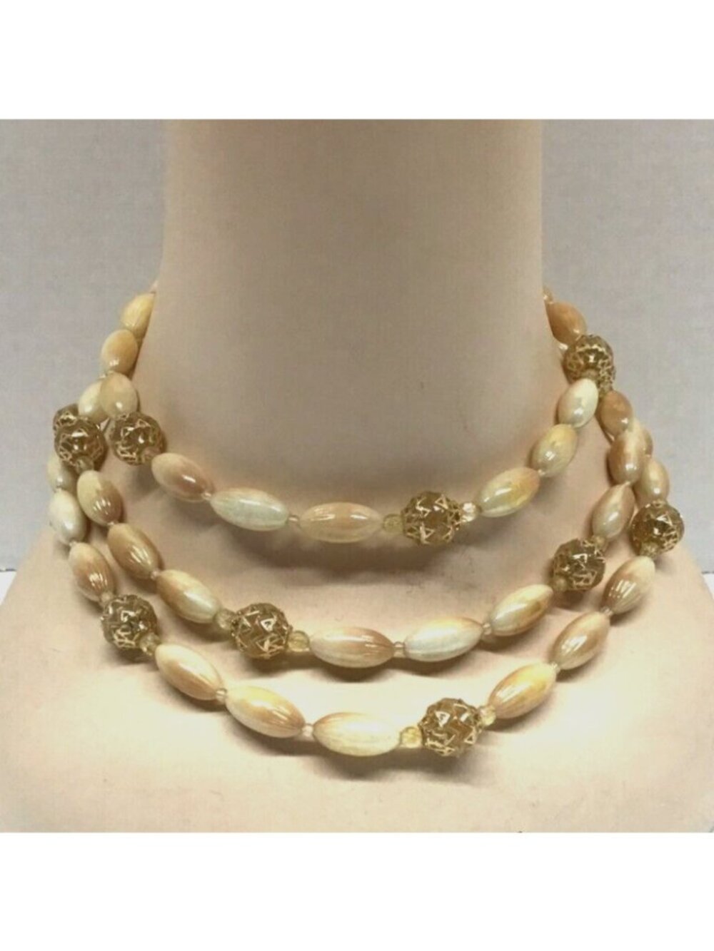 Beaded Natural Color Triple Strand Vintage 1960s Made in Hong Kong Necklace